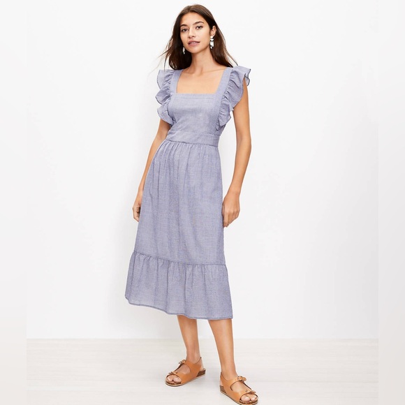 LOFT Dresses & Skirts - Loft Petite Checked‎ Ruffle Cutout Back Midi Dress